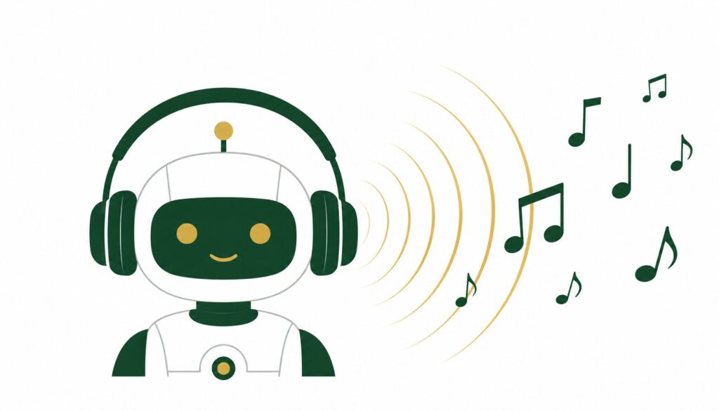 AI音楽配信副業のアイキャッチ — AIロボットとヘッドフォン