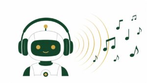 AI音楽配信副業のアイキャッチ — AIロボットとヘッドフォン